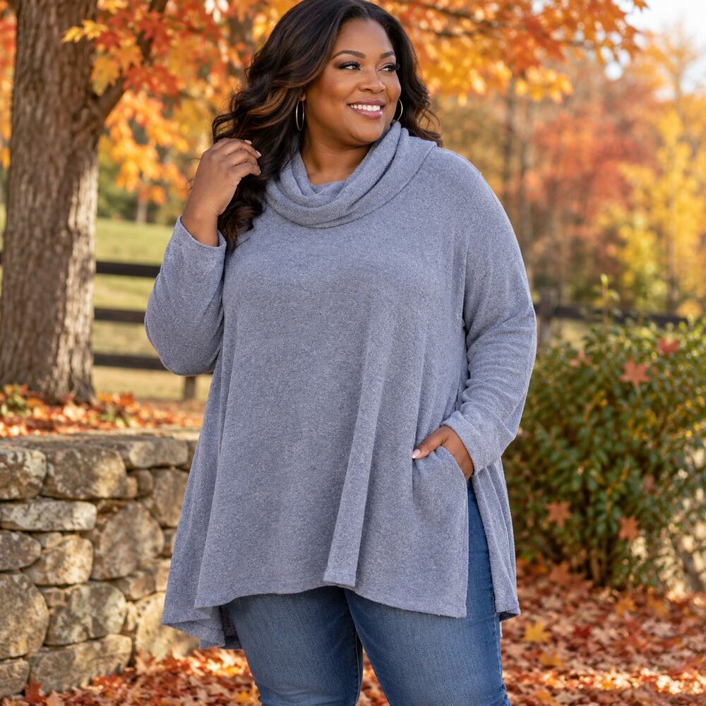 BareFoot Dreams CozyChic Ultra Lite Cowl Neck Soft Split Side Sweater Plus 2X